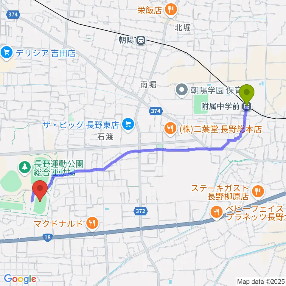 附属中学前駅から長野運動公園陸上サブトラックへのルートマップ地図