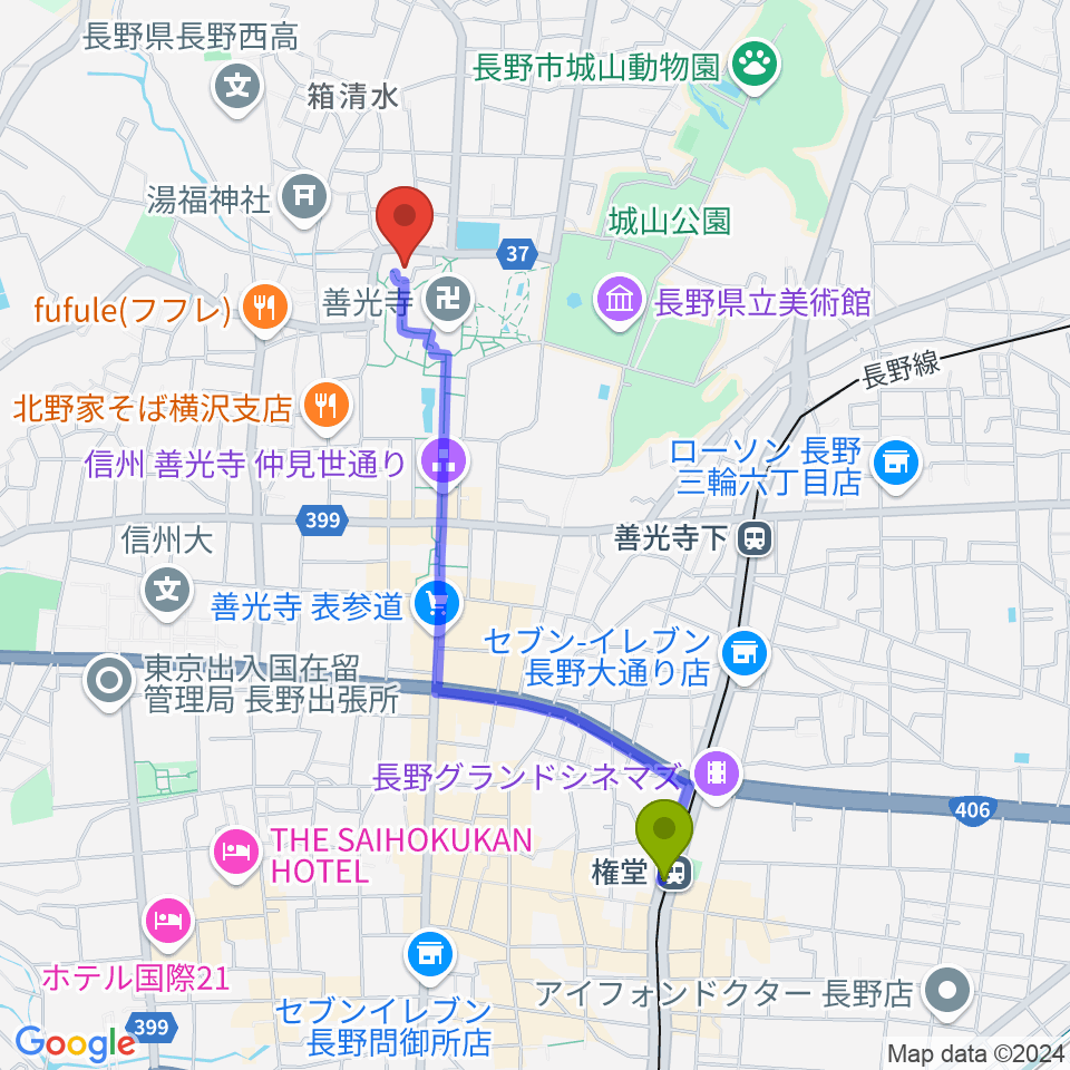 権堂駅から善光寺史料館・日本忠霊殿へのルートマップ地図