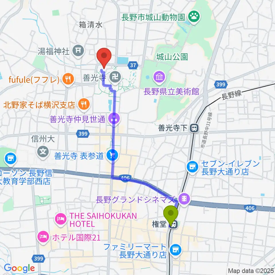 権堂駅から善光寺史料館・日本忠霊殿へのルートマップ地図