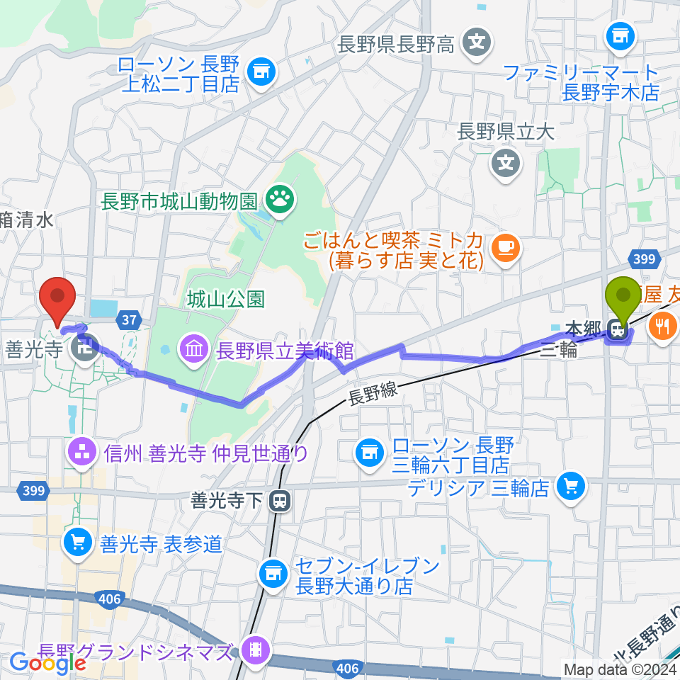 本郷駅から善光寺史料館・日本忠霊殿へのルートマップ地図