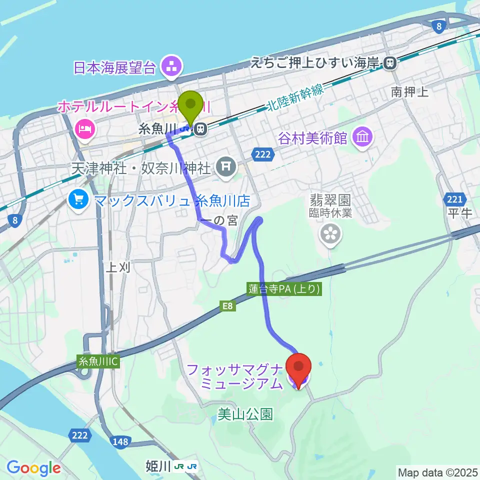 糸魚川駅からフォッサマグナミュージアムへのルートマップ地図