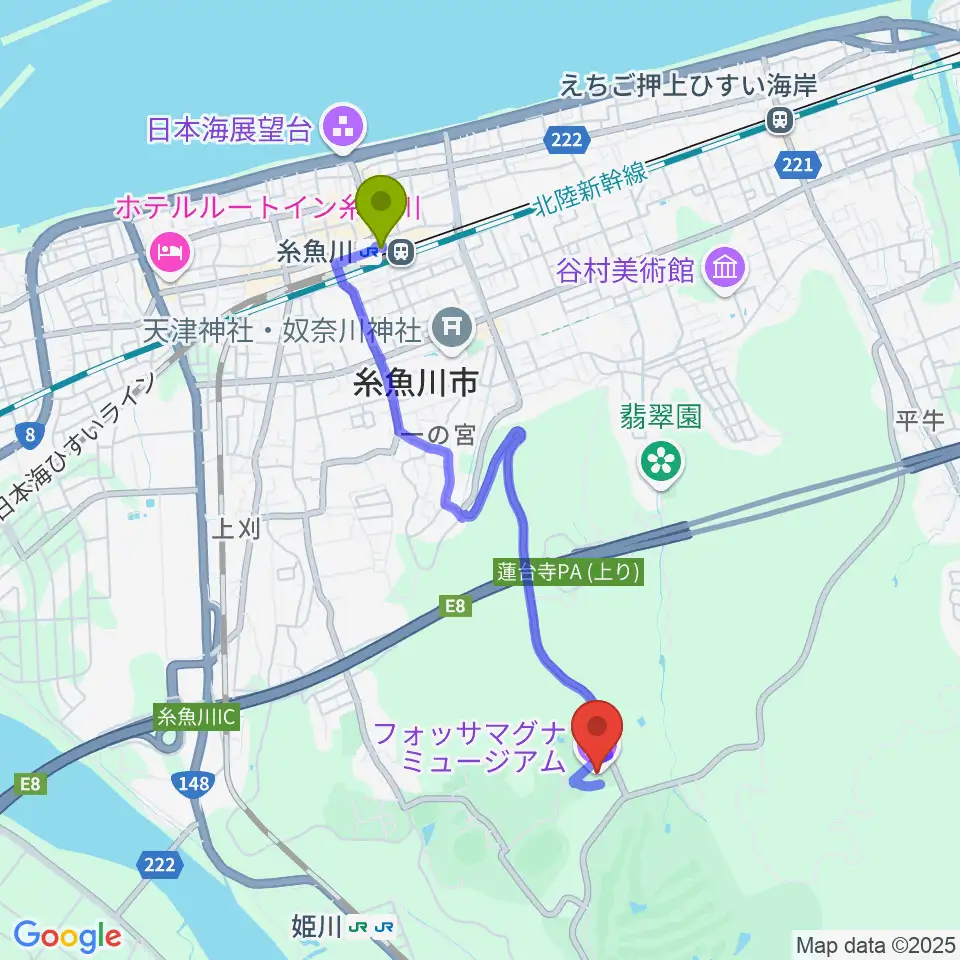 糸魚川駅からフォッサマグナミュージアムへのルートマップ地図