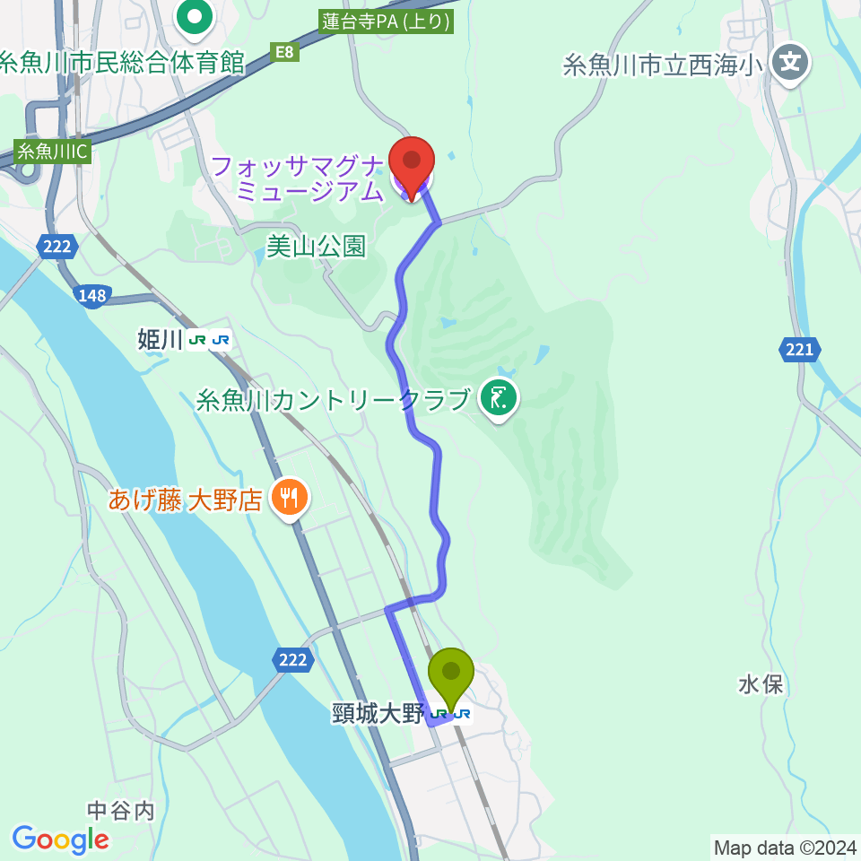 頸城大野駅からフォッサマグナミュージアムへのルートマップ地図