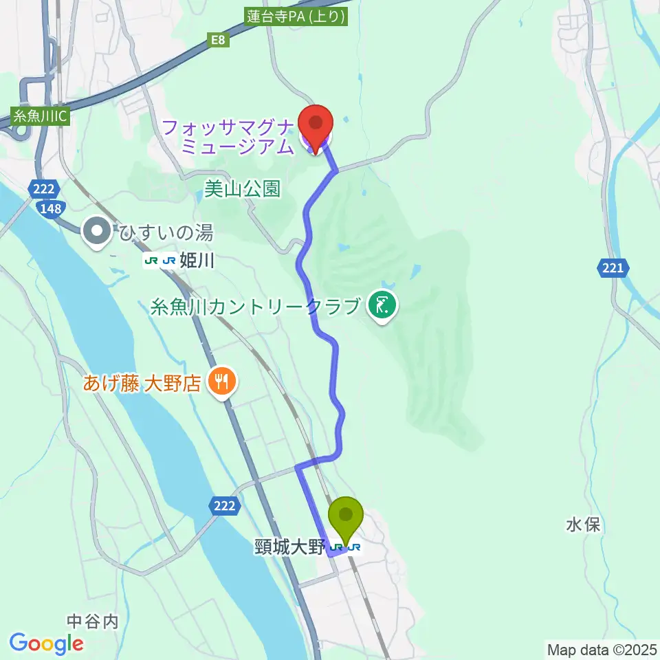 頸城大野駅からフォッサマグナミュージアムへのルートマップ地図