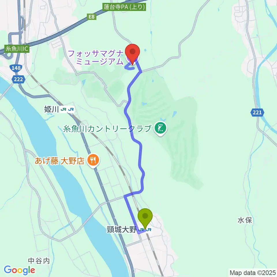 頸城大野駅からフォッサマグナミュージアムへのルートマップ地図