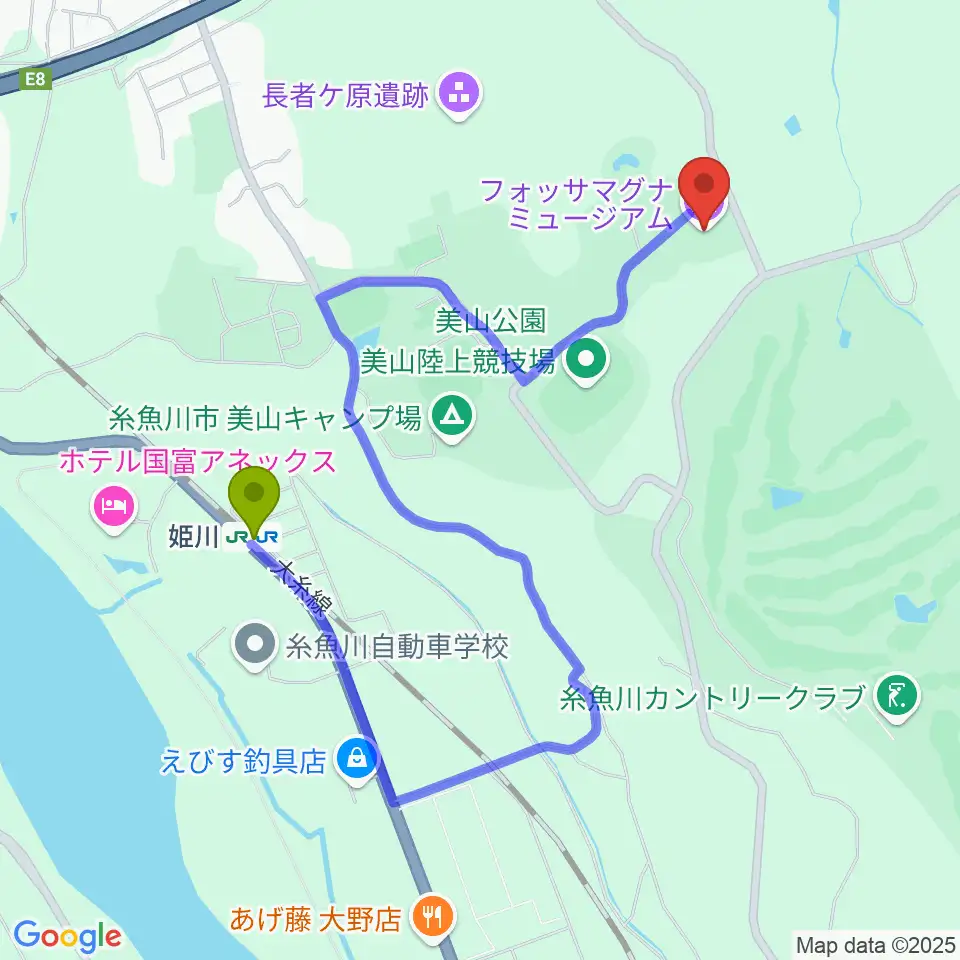 フォッサマグナミュージアムの最寄駅姫川駅からの徒歩ルート（約17分）地図