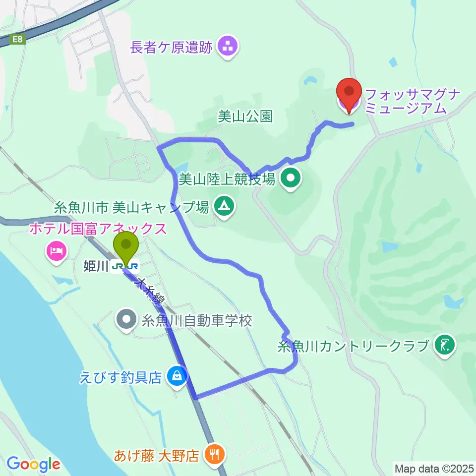 フォッサマグナミュージアムの最寄駅姫川駅からの徒歩ルート（約17分）地図