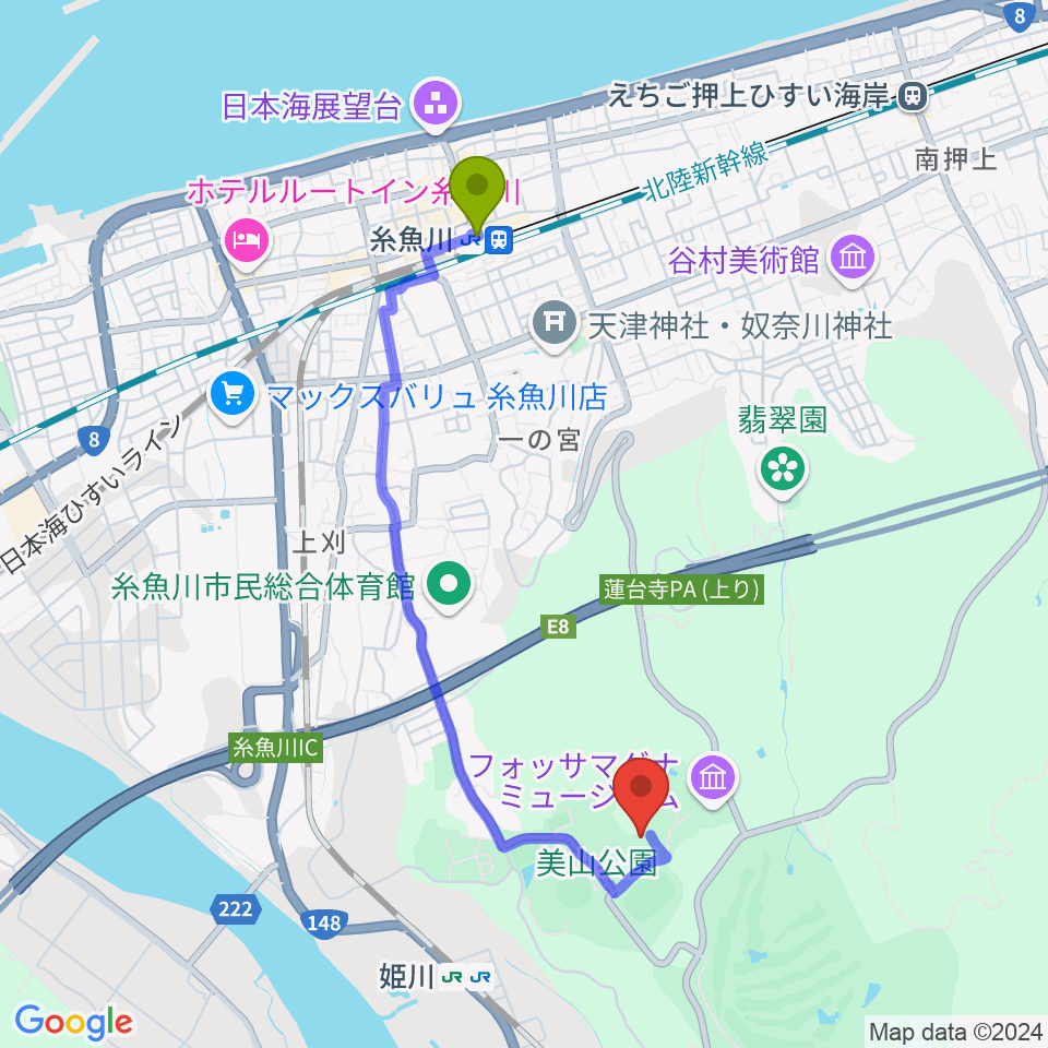 糸魚川駅から長者ケ原考古館へのルートマップ地図