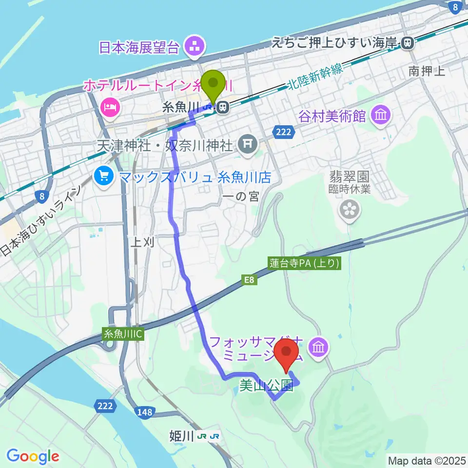 糸魚川駅から長者ケ原考古館へのルートマップ地図