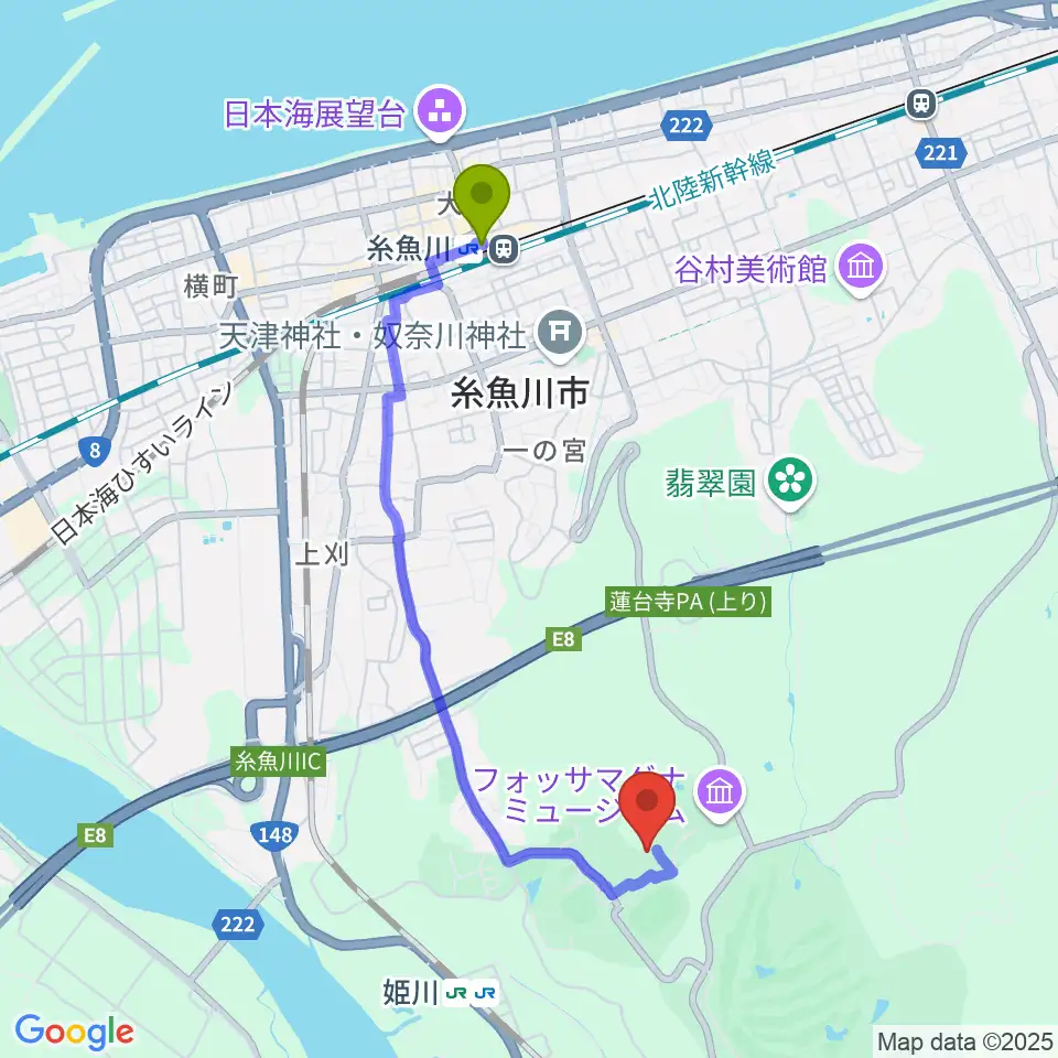 糸魚川駅から長者ケ原考古館へのルートマップ地図
