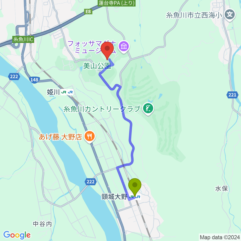 頸城大野駅から長者ケ原考古館へのルートマップ地図