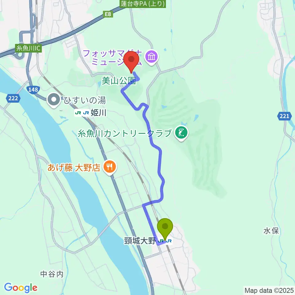 頸城大野駅から長者ケ原考古館へのルートマップ地図