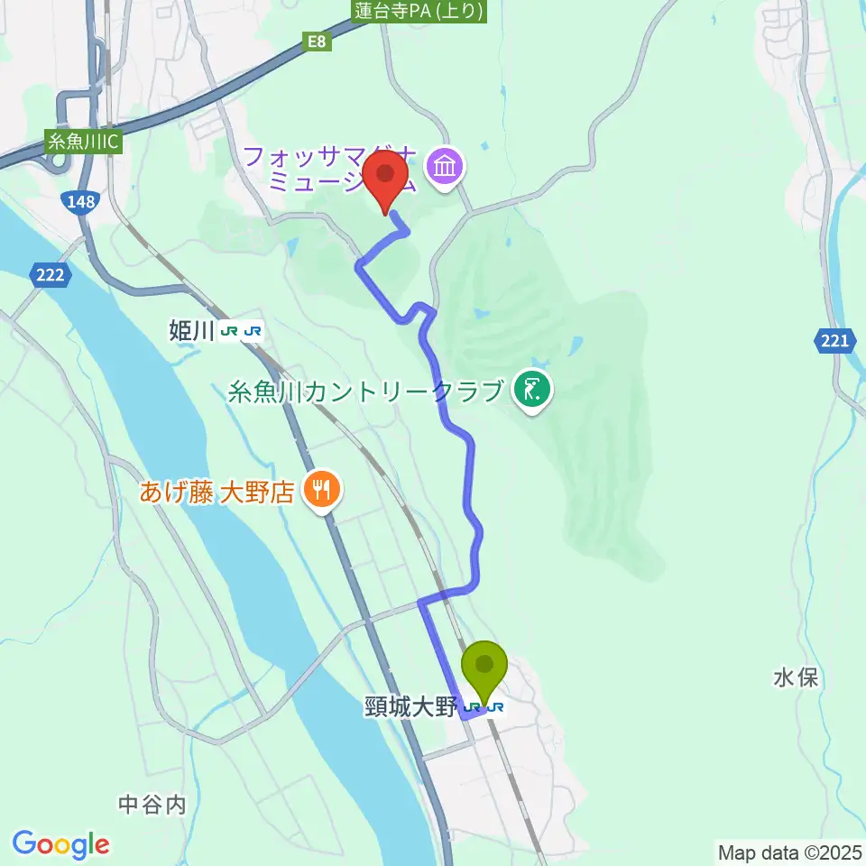 頸城大野駅から長者ケ原考古館へのルートマップ地図