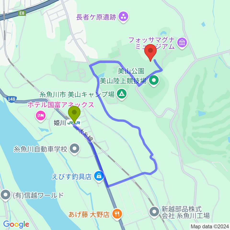 長者ケ原考古館の最寄駅姫川駅からの徒歩ルート（約13分）地図