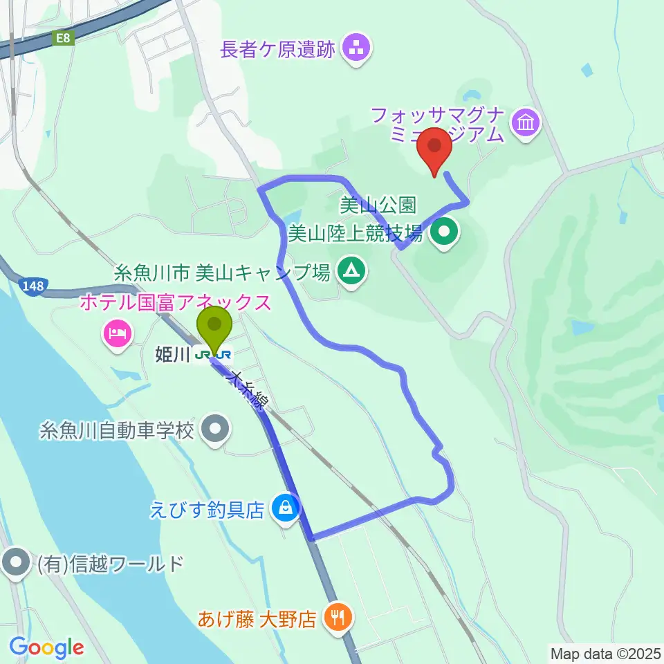 長者ケ原考古館の最寄駅姫川駅からの徒歩ルート（約13分）地図