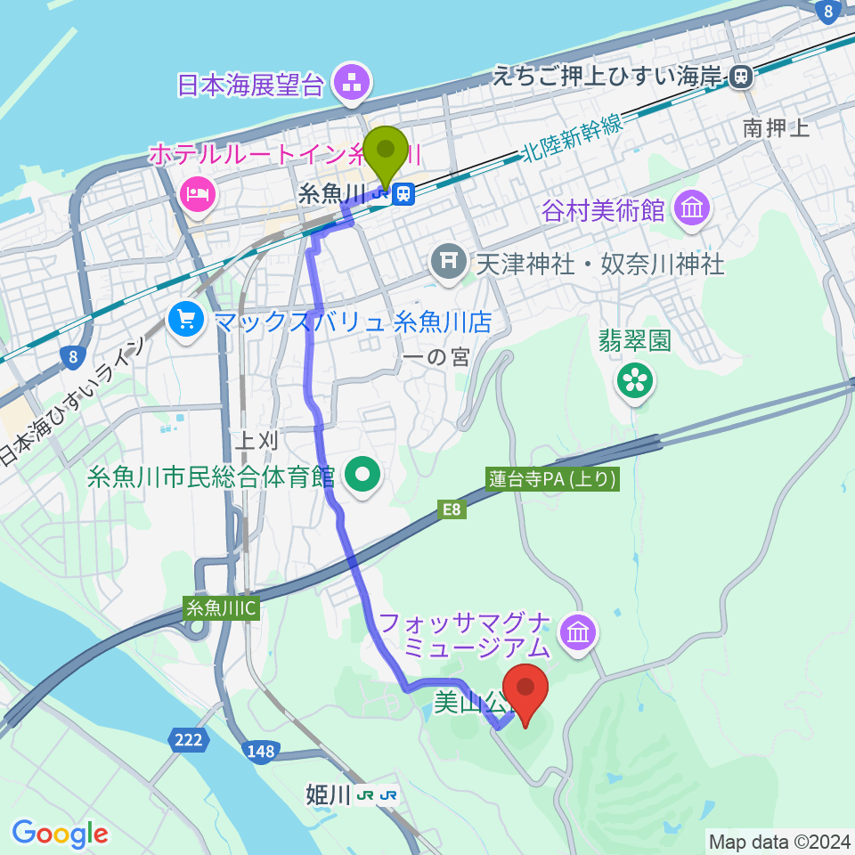 糸魚川駅から美山陸上競技場へのルートマップ地図