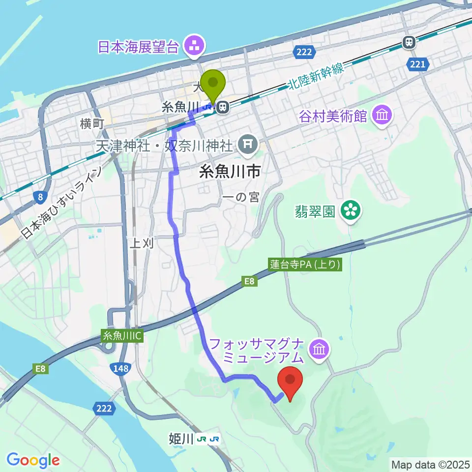 糸魚川駅から美山陸上競技場へのルートマップ地図