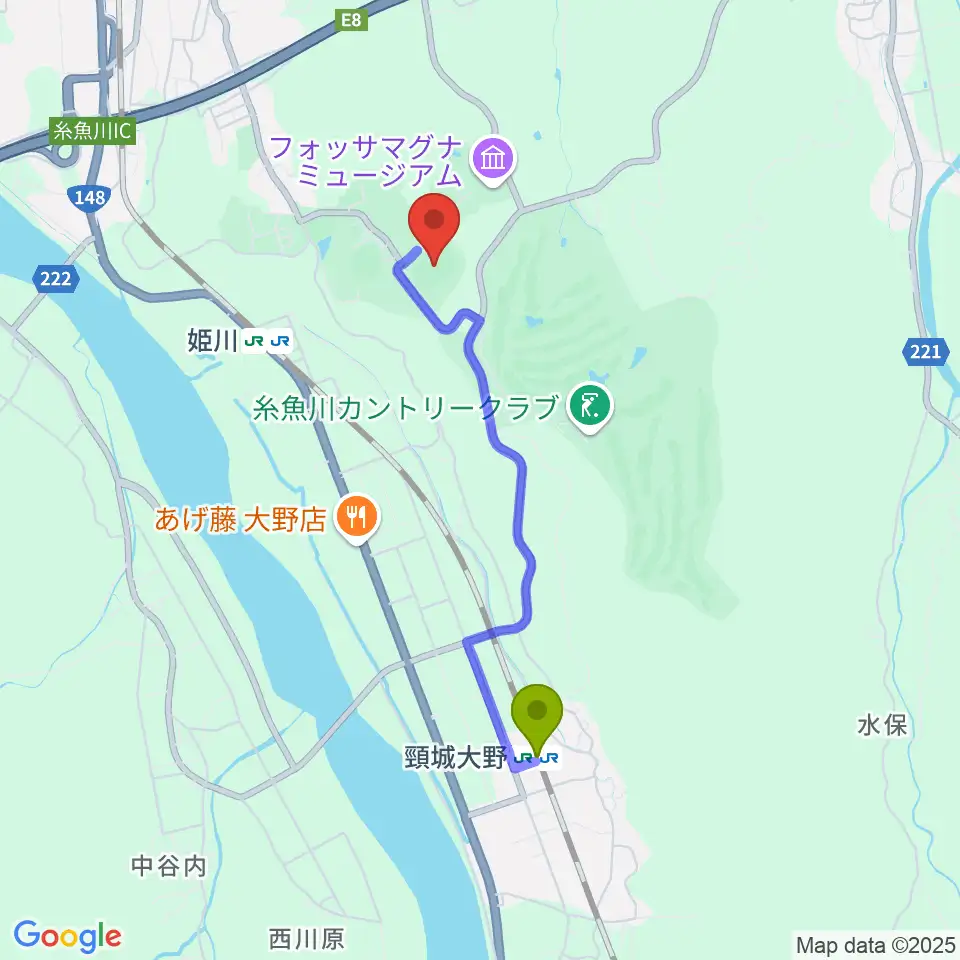 頸城大野駅から美山陸上競技場へのルートマップ地図