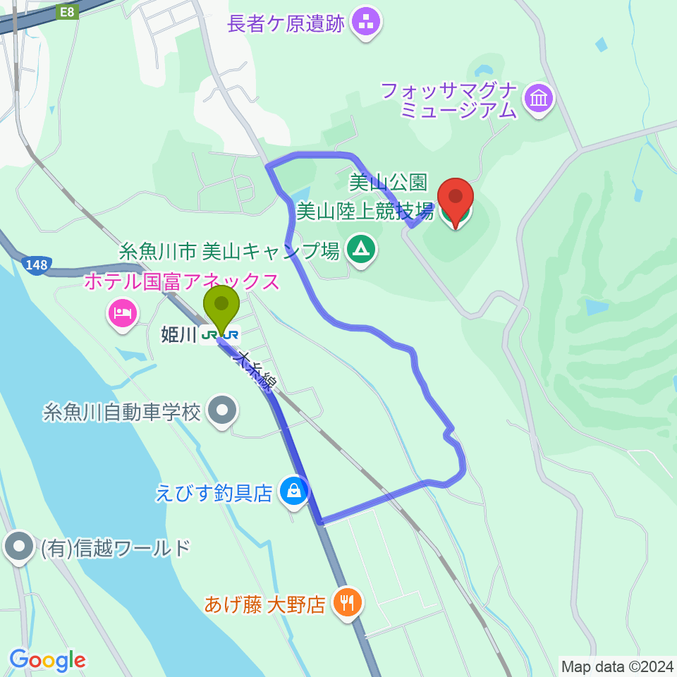 美山陸上競技場の最寄駅姫川駅からの徒歩ルート（約12分）地図