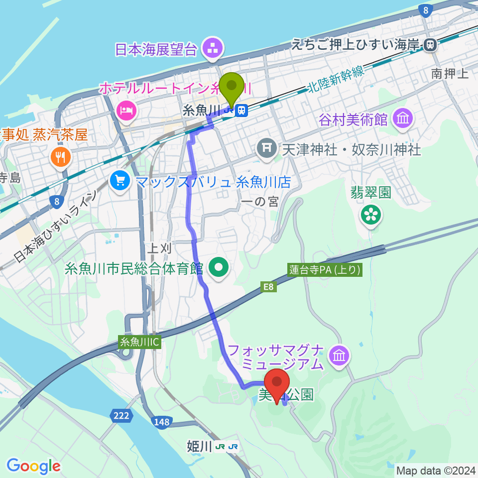 糸魚川駅から美山球場へのルートマップ地図