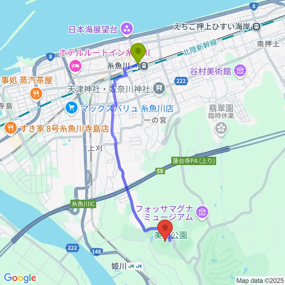 糸魚川駅から美山球場へのルートマップ地図