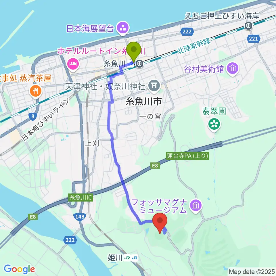 糸魚川駅から美山球場へのルートマップ地図