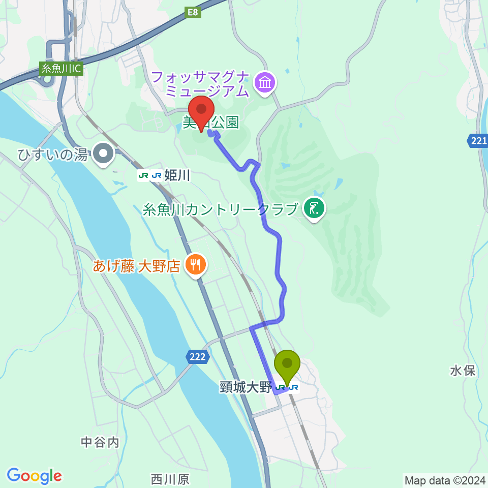 頸城大野駅から美山球場へのルートマップ地図