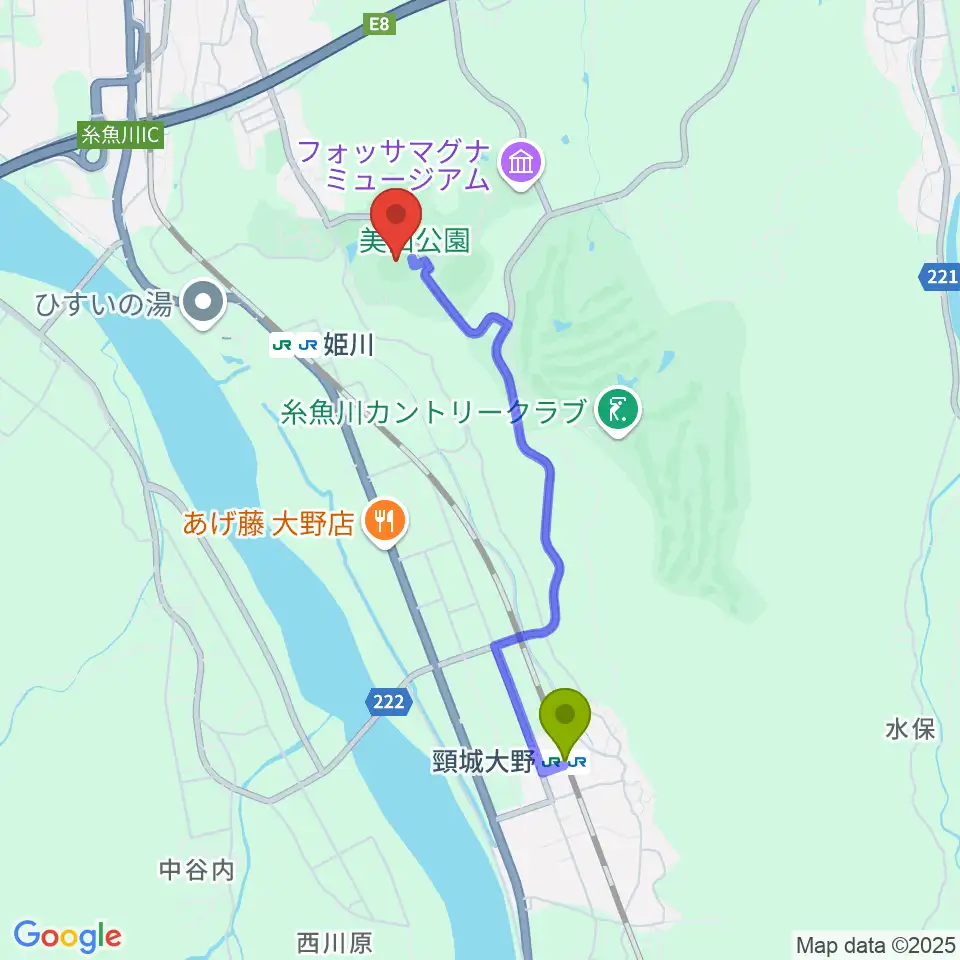 頸城大野駅から美山球場へのルートマップ地図