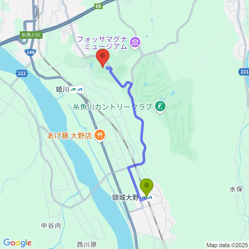 頸城大野駅から美山球場へのルートマップ地図