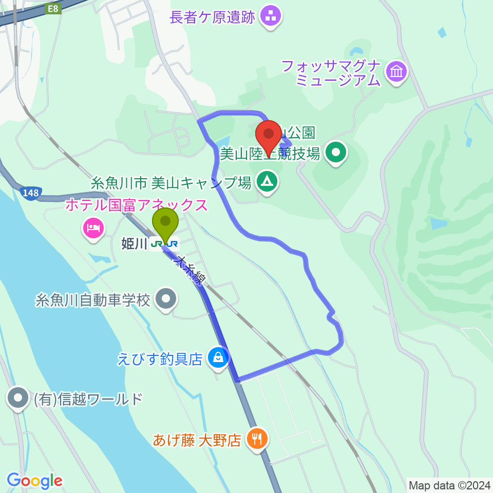 美山球場の最寄駅姫川駅からの徒歩ルート（約8分）地図