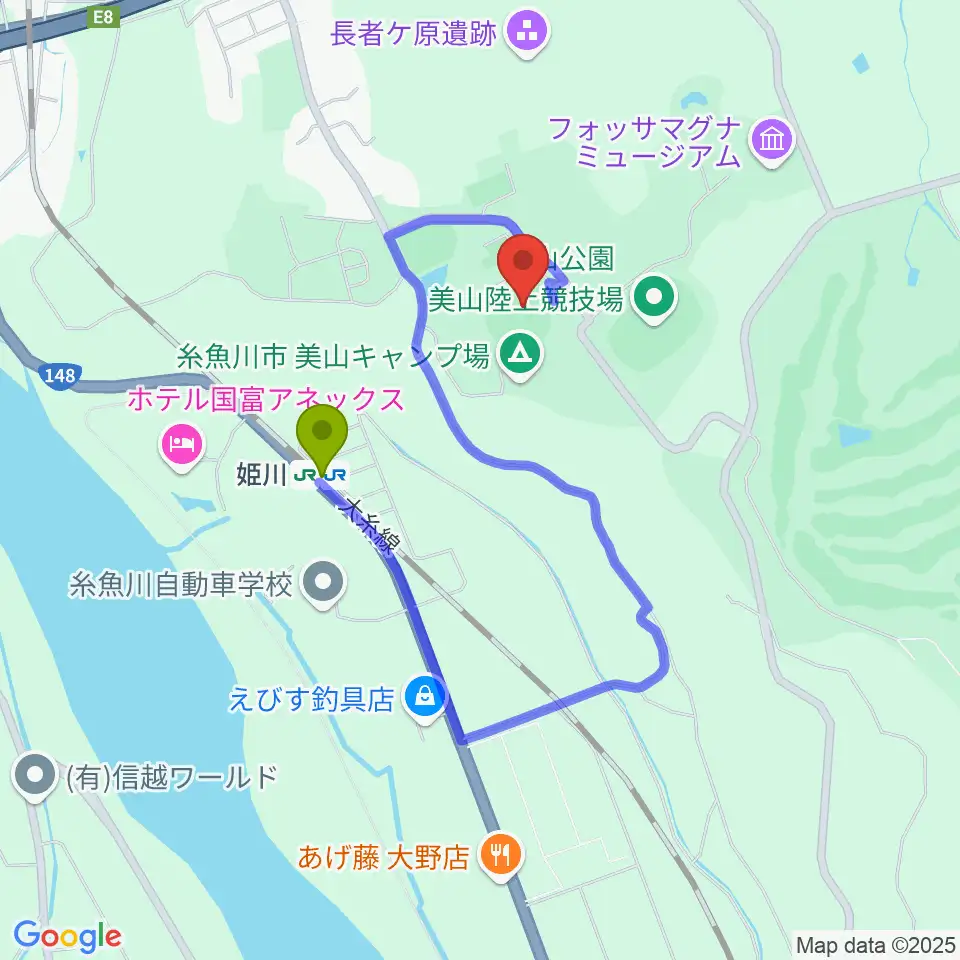 美山球場の最寄駅姫川駅からの徒歩ルート（約8分）地図