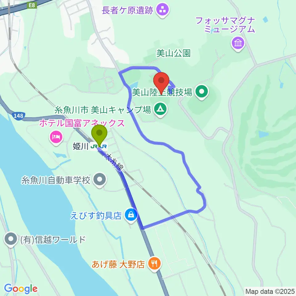 美山球場の最寄駅姫川駅からの徒歩ルート（約8分）地図