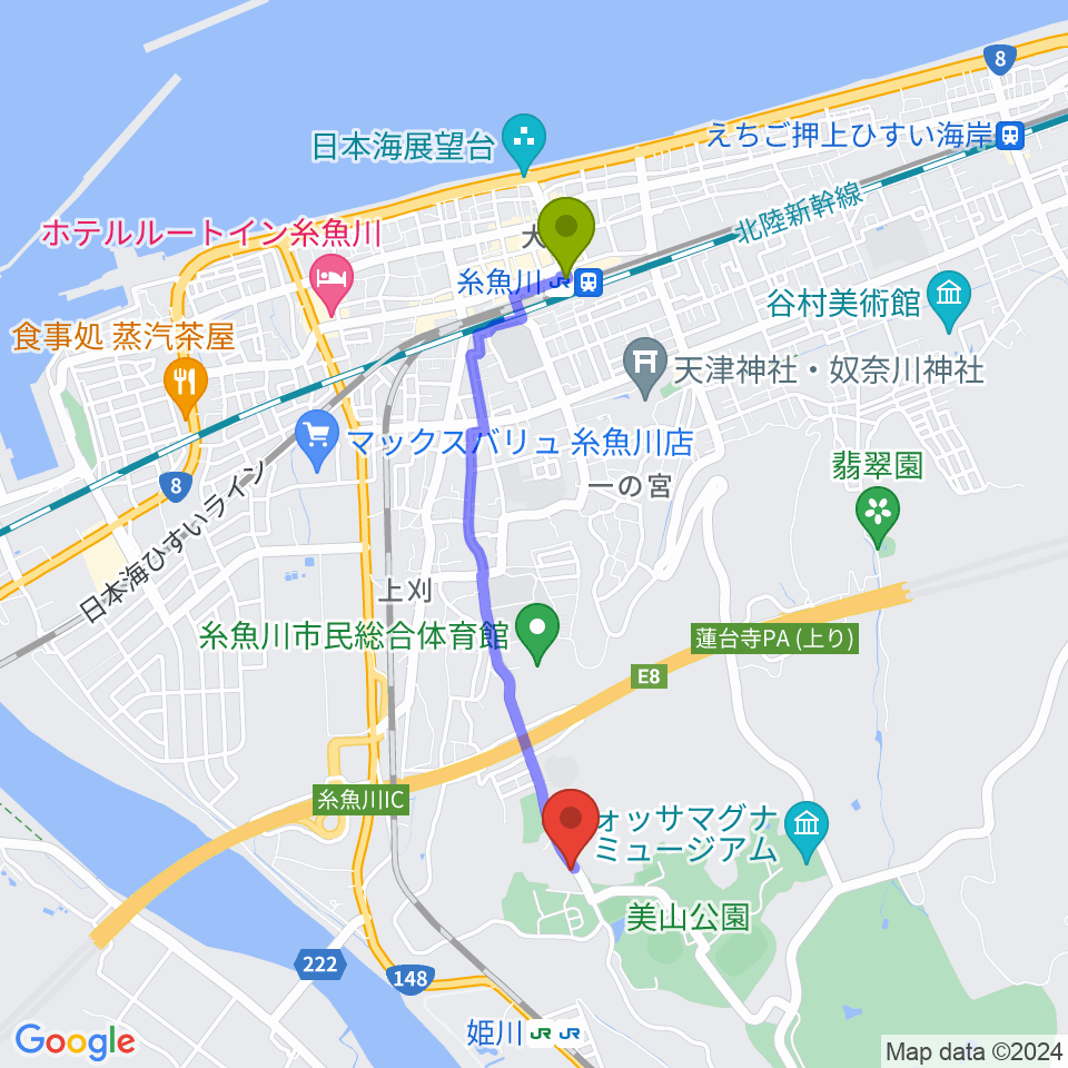 糸魚川駅から美山多目的グラウンドへのルートマップ地図