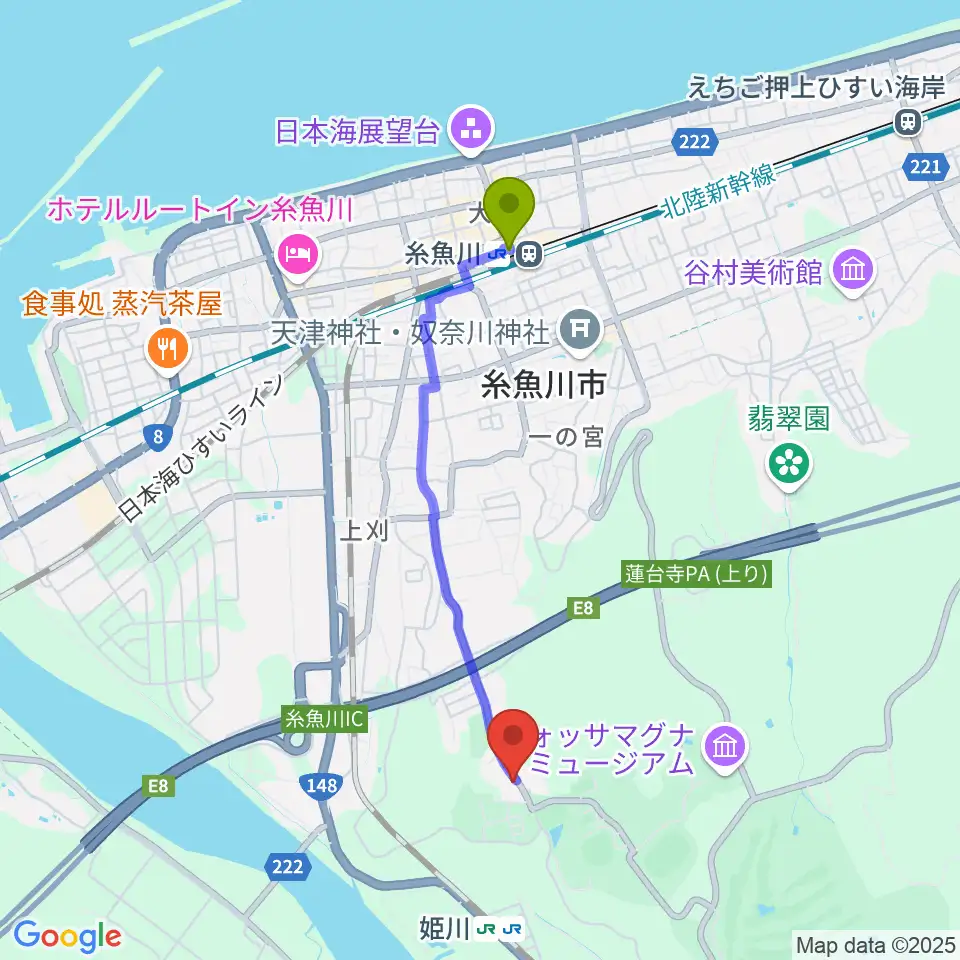 糸魚川駅から美山多目的グラウンドへのルートマップ地図
