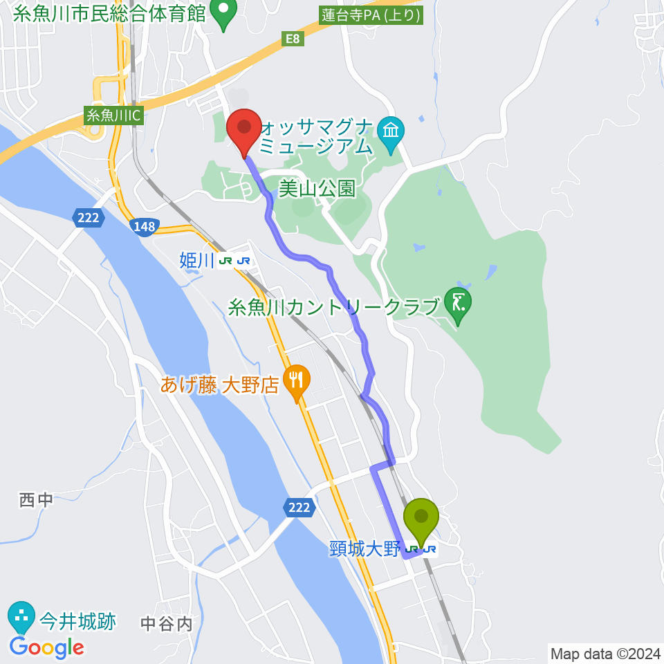 頸城大野駅から美山多目的グラウンドへのルートマップ地図