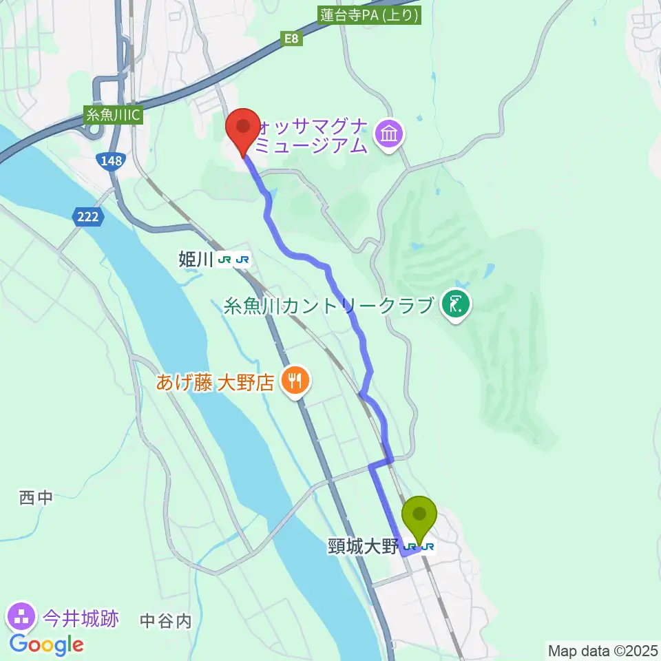 頸城大野駅から美山多目的グラウンドへのルートマップ地図