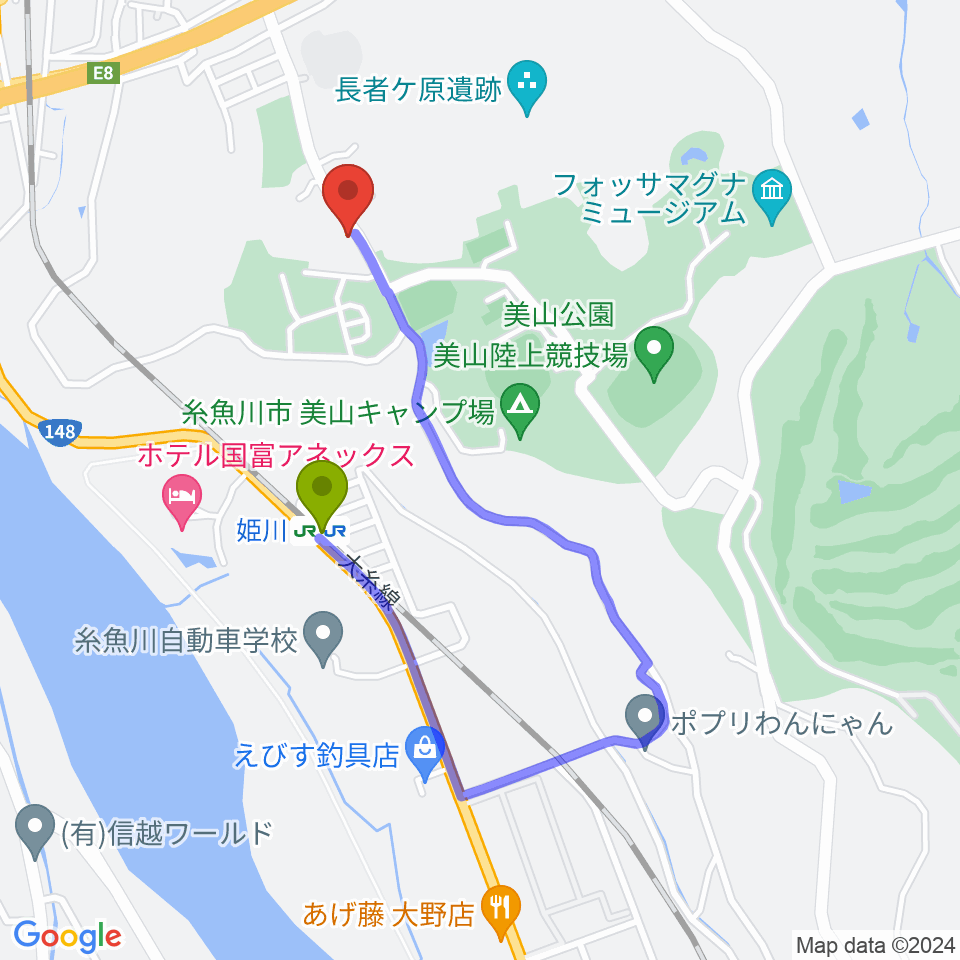 美山多目的グラウンドの最寄駅姫川駅からの徒歩ルート（約9分）地図