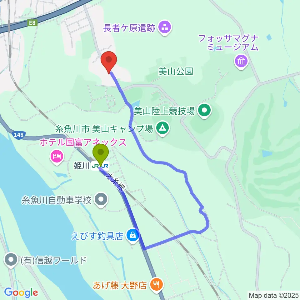 美山多目的グラウンドの最寄駅姫川駅からの徒歩ルート（約9分）地図