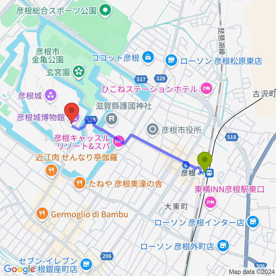 彦根城博物館の最寄駅彦根駅からの徒歩ルート（約16分）地図