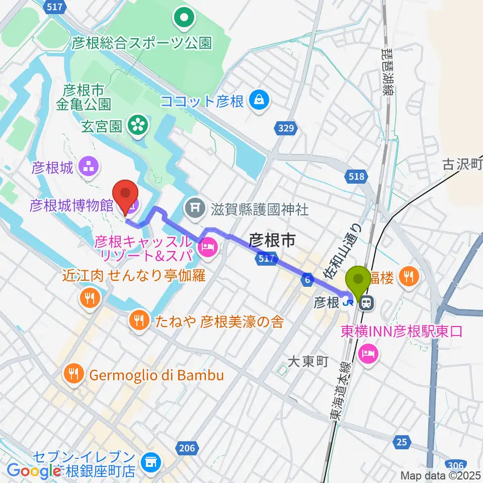 彦根城博物館の最寄駅彦根駅からの徒歩ルート（約16分）地図