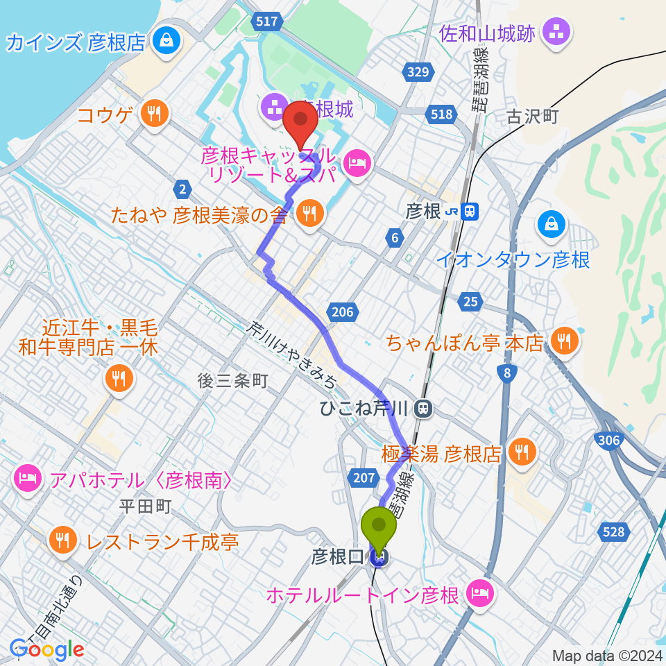 彦根口駅から彦根城博物館へのルートマップ地図