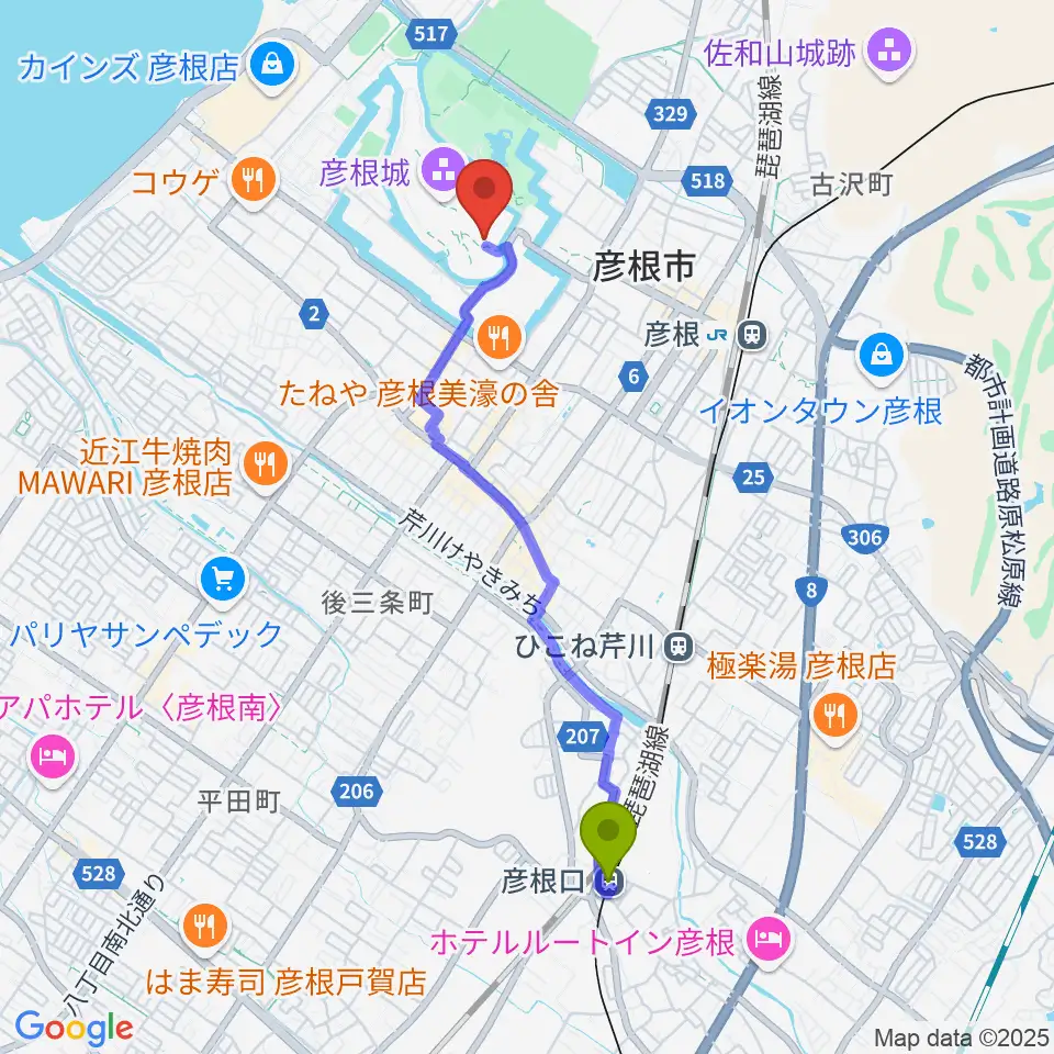 彦根口駅から彦根城博物館へのルートマップ地図
