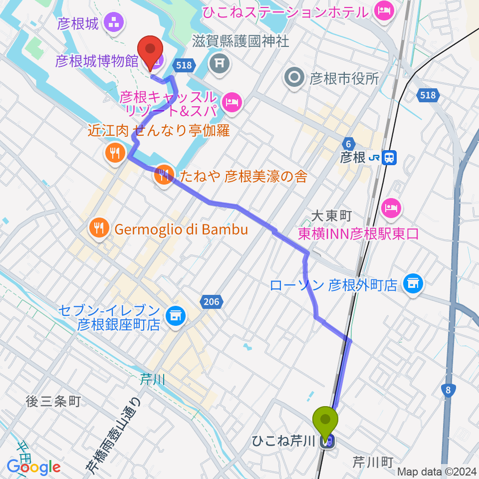 ひこね芹川駅から彦根城博物館へのルートマップ地図