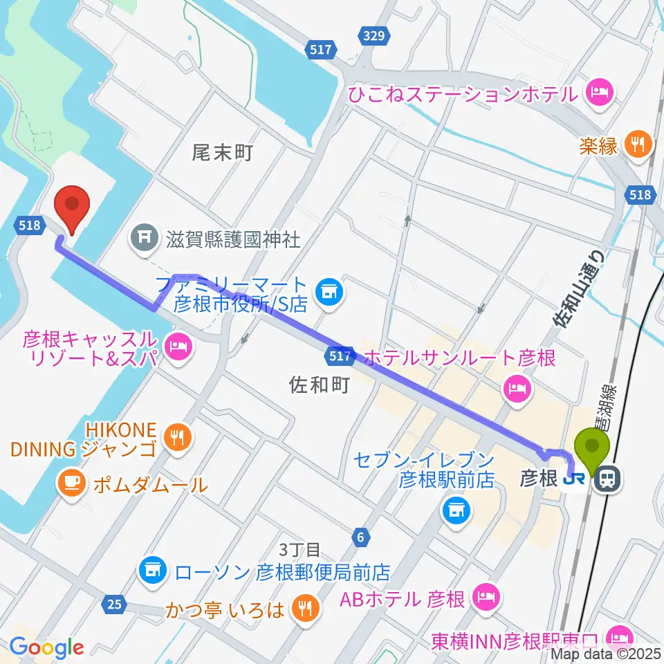 彦根市開国記念館の最寄駅彦根駅からの徒歩ルート（約13分）地図