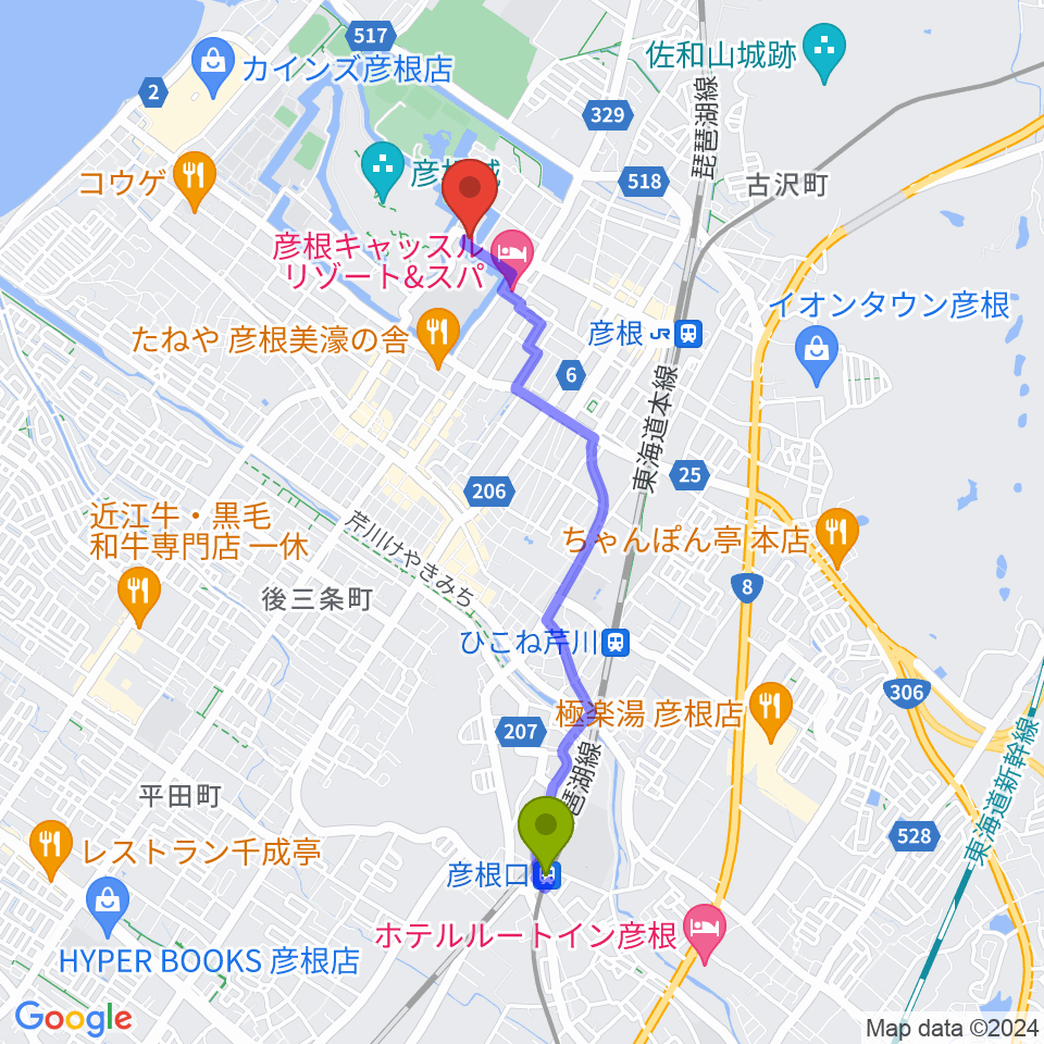 彦根口駅から彦根市開国記念館へのルートマップ地図