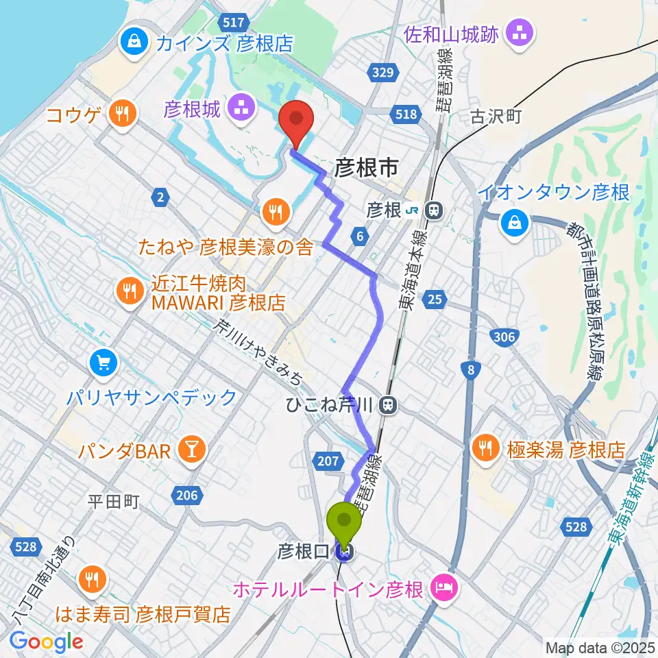彦根口駅から彦根市開国記念館へのルートマップ地図