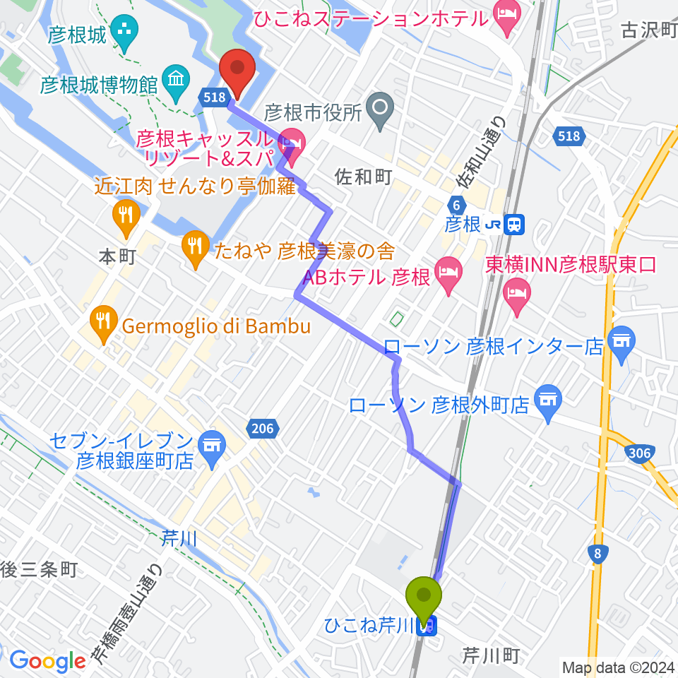 ひこね芹川駅から彦根市開国記念館へのルートマップ地図