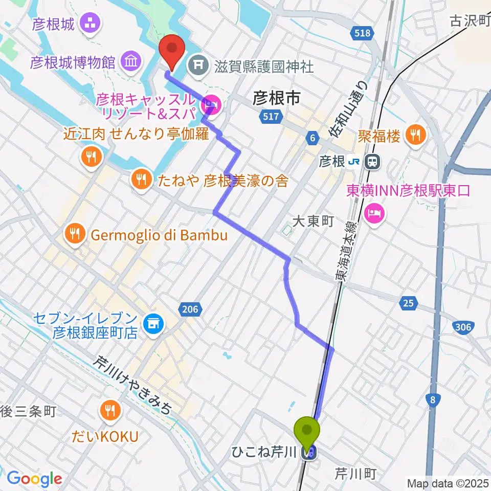 ひこね芹川駅から彦根市開国記念館へのルートマップ地図
