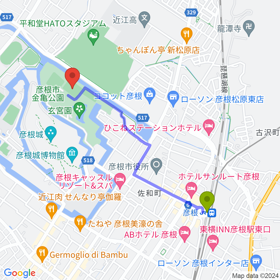 金亀公園多目的競技場の最寄駅彦根駅からの徒歩ルート（約20分）地図