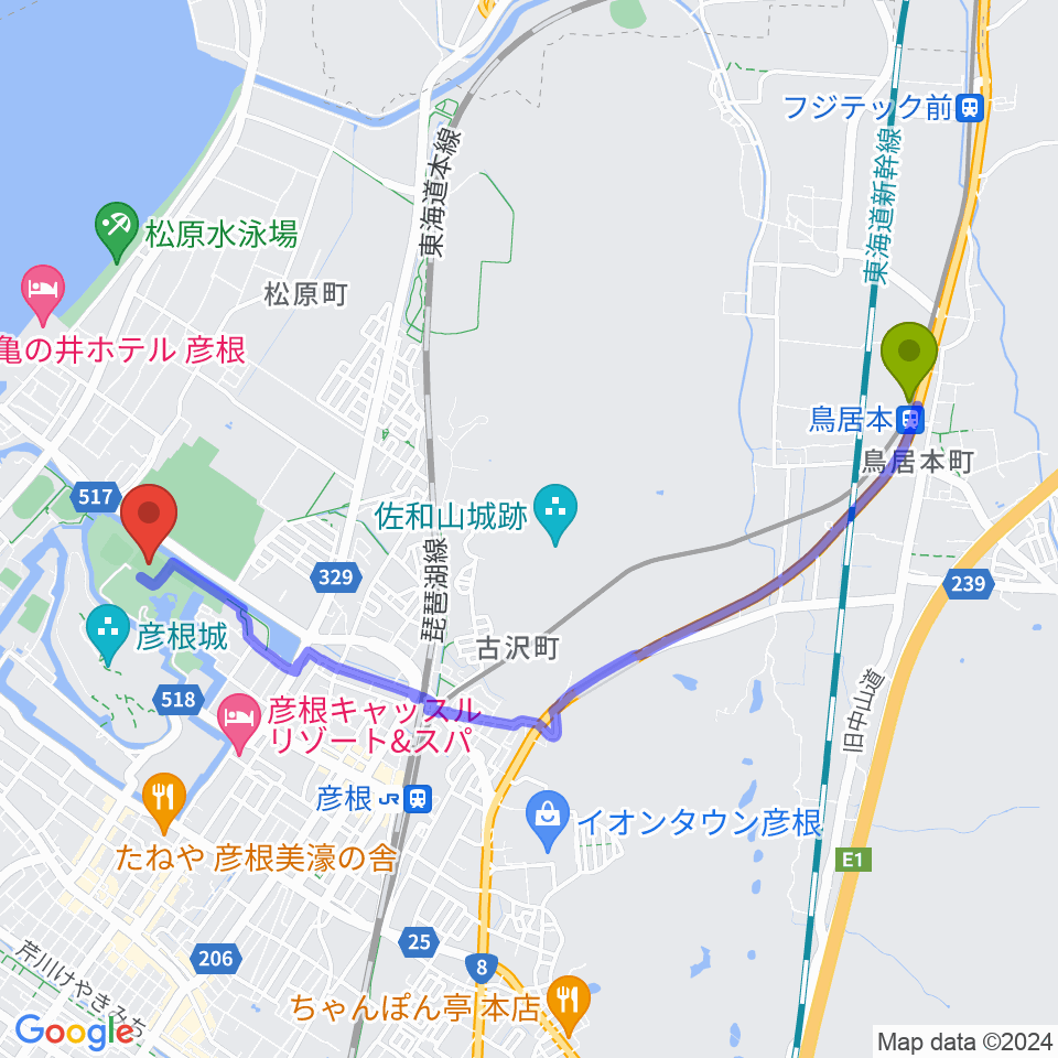 鳥居本駅から金亀公園多目的競技場へのルートマップ地図